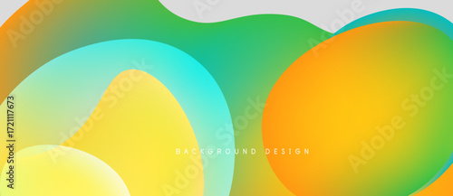 Abstract fluid shapes blend, creating vibrant color gradients. Yellows, greens, oranges dominate design. Smooth transitions suggest movement.