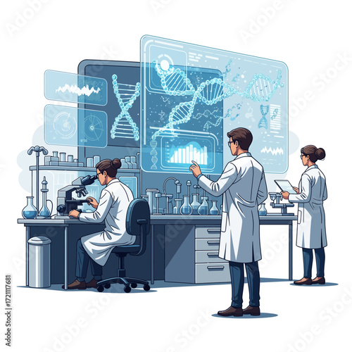 Modern Medical Lab with Scientists Analyzing DNA and Holographic Charts Vector Illustration