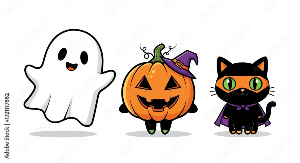 Fototapeta premium Halloween is here with a cute ghost, pumpkin, and cat dressed in costume, perfect for holiday cards, party invites, and fun seasonal designs