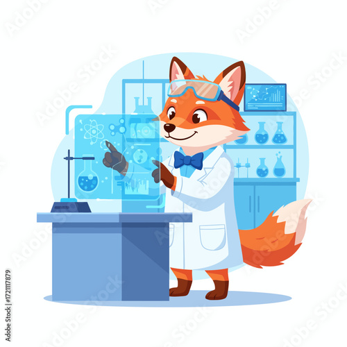 High-quality vector of a fox scientist with holographic experiments illustration