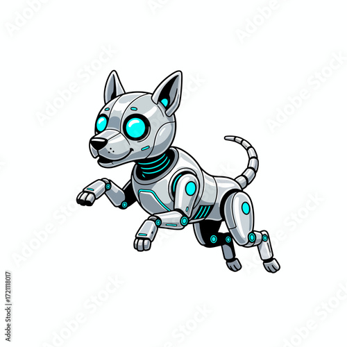 Playful robot dog with glowing eyes futuristic vector illustration