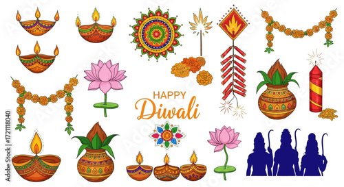 Celebrate a vibrant and auspicious Diwali with traditional oil lamps, lotus flowers, rangoli art, and firecrackers for a bright and joyous festival