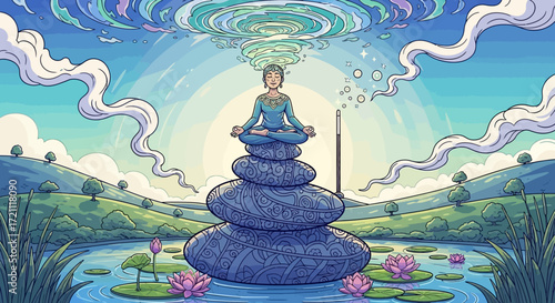 Find inner peace with this serene yoga illustration, perfect for mindfulness apps, meditation retreats, and wellness programs promoting relaxation and balance