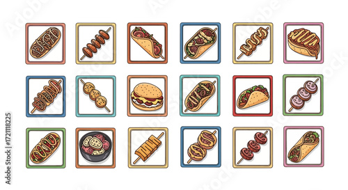 Colorful food icons collection featuring tasty tacos, burgers, skewers, and sandwiches, perfect for restaurant menus and vibrant food-themed designs