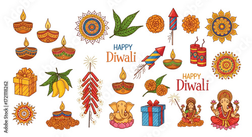 Celebrate a vibrant Diwali with this festive collection of colorful diyas, gifts, and cultural elements for a joyous and prosperous celebration