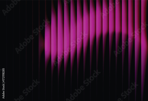 Ribbed abstract glass texture with vertical luminous purple pink gradient on black, futuristic mysterious background with bold geometric symmetry, modern dynamic digital vector illustration design
