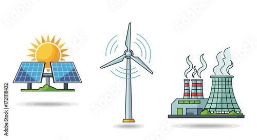 Clean energy future with solar panels, wind turbine, and power plant icons showing alternative energy sources and environmental impact on white