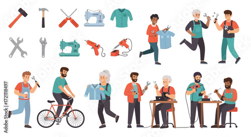Diverse group of people crafting and repairing using tools like sewing machines, wrenches, and glue guns for DIY projects and creative hobbies