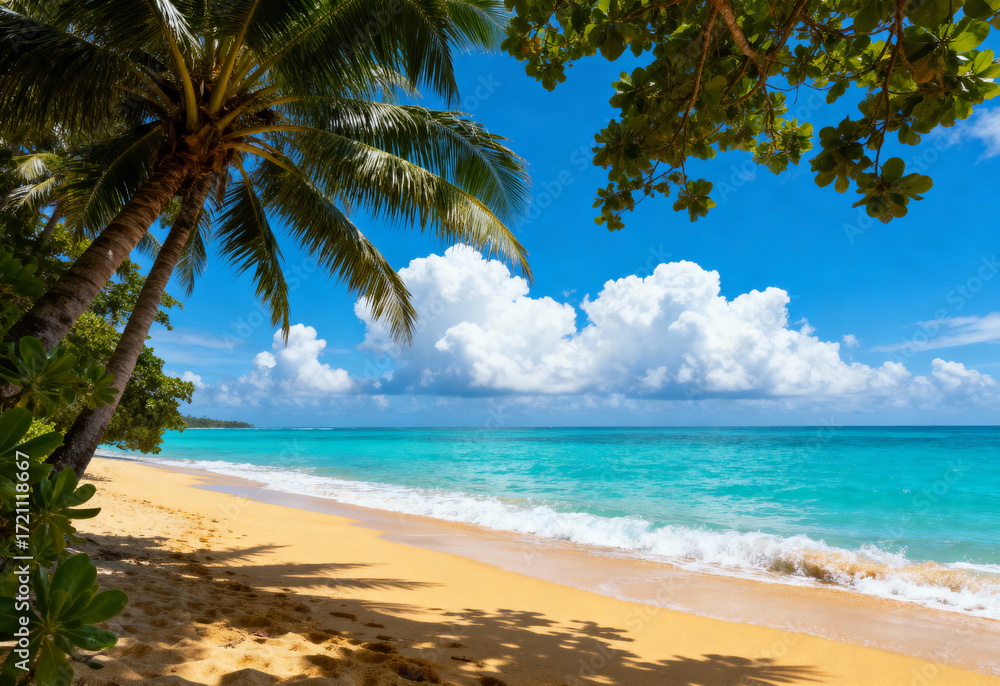 Obraz premium Clear blue sky, white clouds, golden sand, turquoise ocean.