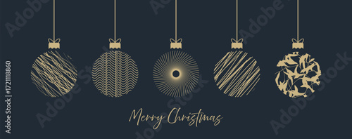 Modern Christmas card design with Christmas tree balls and text. New Year's holiday horizontal card or banner