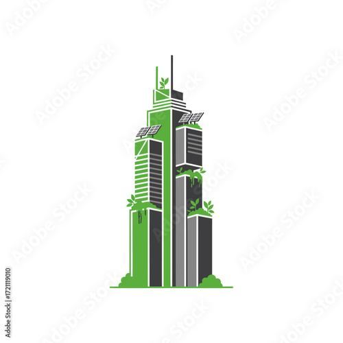 Flat vector logo of sustainable skyscraper with plants and solar panels