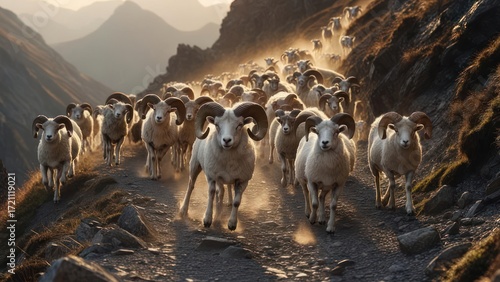 A flock of white sheep in the mountains