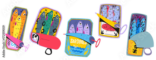 Sardine can retro set with colorful fish tins and pull tab packaging for vintage food illustration. Cartoon canned seafood designs. Pop art grocery items for nostalgic branding or menu graphics