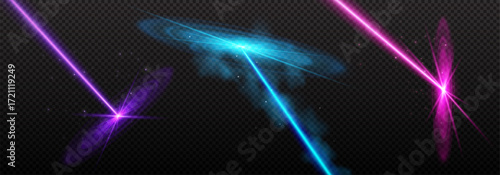 Neon laser beam effects on transparent background for digital design - purple, pink and blue glowing rays with sparkles. Bright light streaks and energy bursts for futuristic or sci-fi graphics