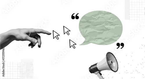 Inspiring hand reaches out to digital cursors leading to a speech bubble and megaphone, symbolizing communication and digital influence in modern marketing