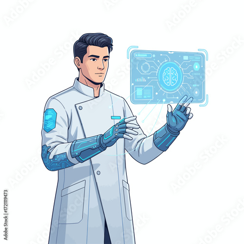 Vector of young scientist with AI hologram futuristic lab scene