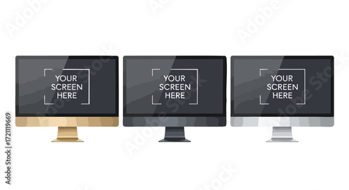Showcase your digital creations on three sleek modern desktop computers, perfect for tech presentations and website designs.
