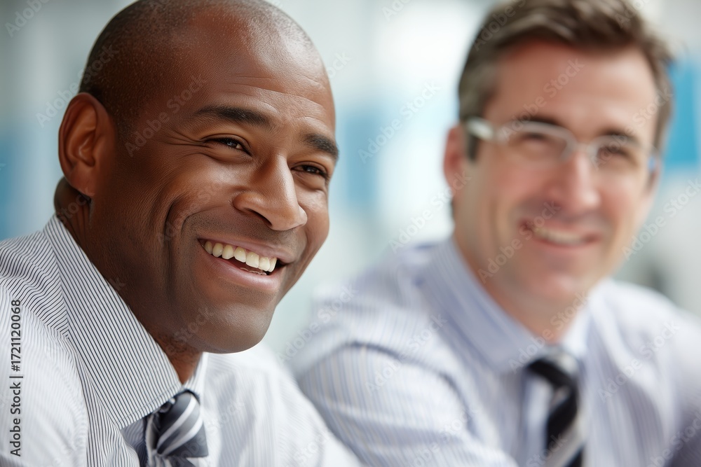 Fototapeta premium Business Collaboration between Two Male Executives Modern Office Space Editorial Photograph Positive Environment Professional Viewpoint
