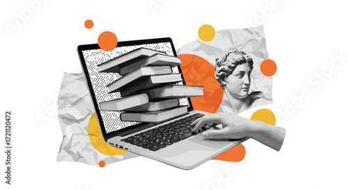 A laptop displaying books, with a hand typing, and a classical bust in the background, suggesting learning.