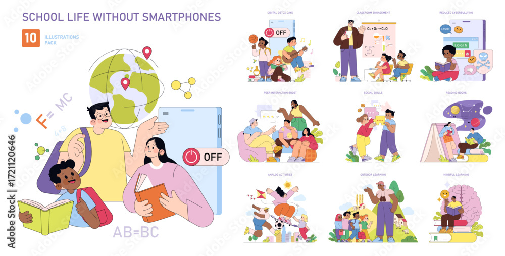 Fototapeta premium School Life Without Smartphones Vector Illustration Pack