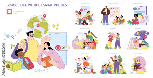 School Life Without Smartphones Vector Illustration Pack