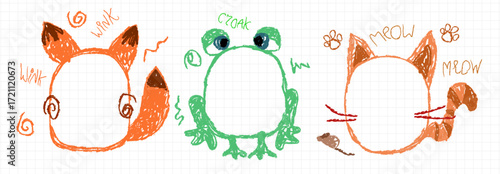 Child drawn frame borders with crayon markings of orange fox, green frog and cat with kid handwriting on notebook paper. Playful animal sketches with whiskers, paws and sounds for children art.