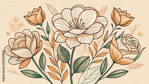 Line art flowers in minimalist style for design, elegant outlines, sophisticated botanical motifs, ideal for modern compositions, logos, wallpapers, or decorative projects that highlight natural 
