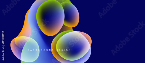 Abstract colorful bubbles overlap on dark blue background. Modern design elements create vibrant visual impact. Smooth gradients enhance aesthetic appeal.