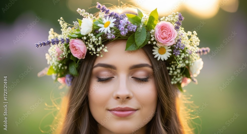 Obraz premium Young Woman with Closed Eyes Adorned with a Beautiful Floral Crown