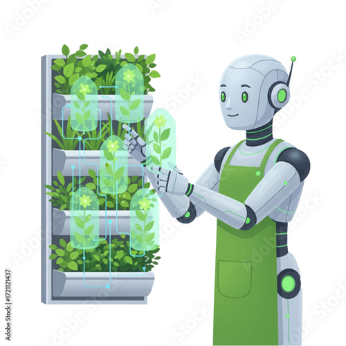 Vector of humanoid robot tending vertical holographic garden