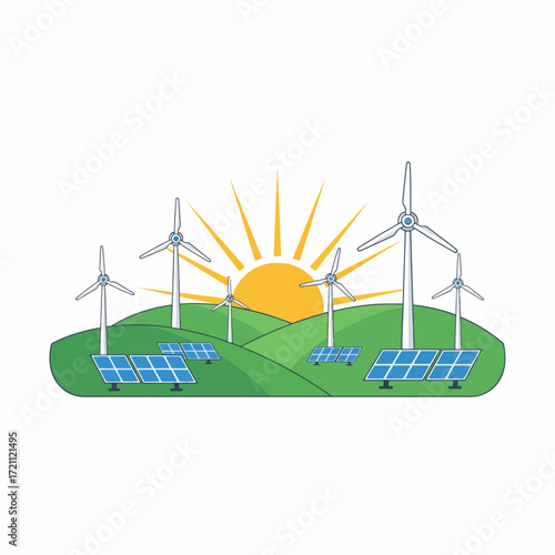 Wind turbines and solar panels on green hills vector