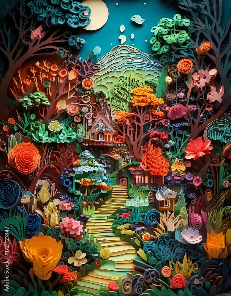 Naklejka premium Vivid paper garden fantasy design - Fantasy garden crafted from colorful quilling paper elements, rich in texture and imaginative floral shapes