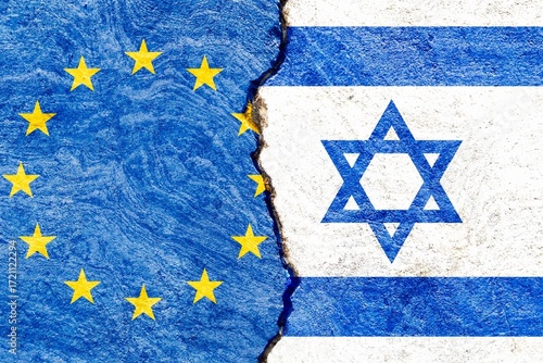 EU and Israel flags split, symbolizing relations and conflict. Abstract concept of Europe Israel politics