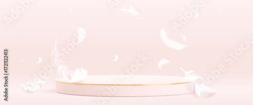 Pink podium with soft white feathers floating around circular platform with golden rim for beauty product display. Delicate pastel scene with ethereal plumes for cosmetic or luxury brand presentation
