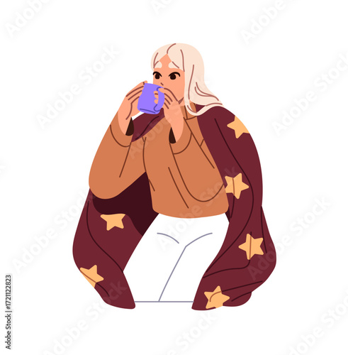 Freeze girl under woolen blanket warms up with cup of hot beverage. Frozen young woman drinks mug of coffee. Person holds ceramic teacup of tea. Flat isolated vector illustration on white background