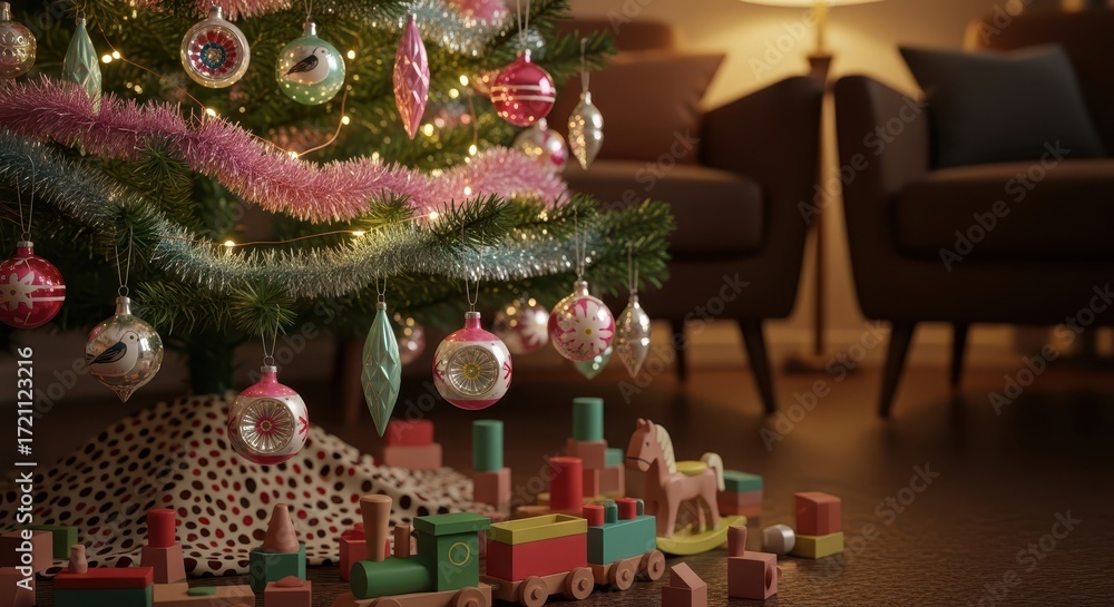 Fototapeta premium A vintage-style Christmas tree with pink and royal baubles, tinsel, and warm garlands hangs in a cozy living room with toys underneath the house. 
