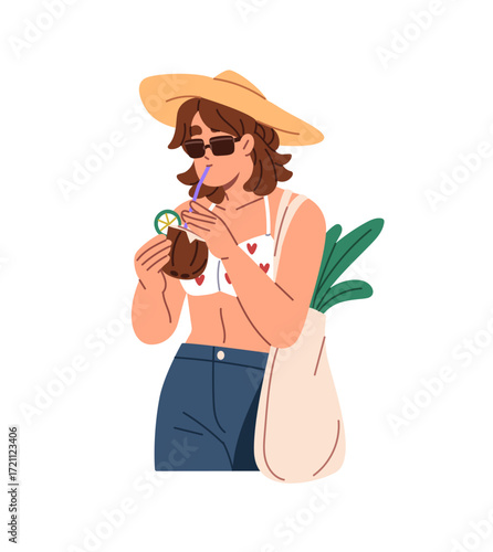 Girl in summer hat escapes heat with refreshing cocktail. Young woman in sunglasses drinks coctail from coconut with straw. Thirsty tourist quenches thirst. Flat isolated vector illustration on white