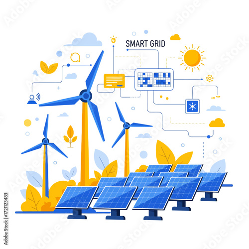 Wind Turbines, Solar Panels, and Smart Grid Vector Illustration