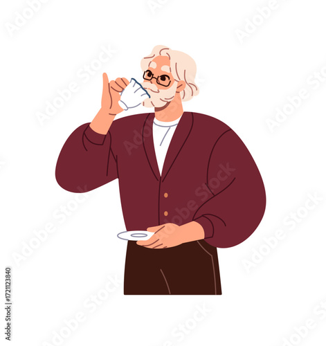 Old man with glasses drink cup of coffee, teacup of herbal tea. Senior person holds porcelain mug and saucer, quenches thirst with hot beverage. Flat isolated vector illustration on white background