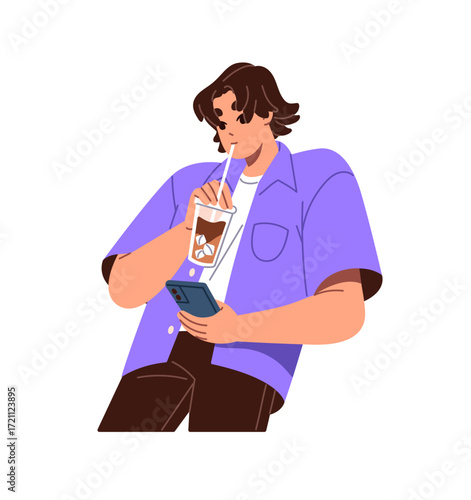 Boy holds phone, quenches thirst with iced cola with straw. Thirsty man stays hydrated with refreshing beverage. Teenager with smartphone drinks soda. Flat isolated vector illustration on white