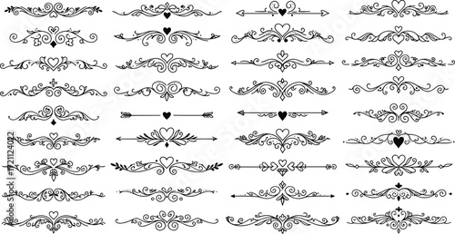 Ornamental dividers, decorative borders, vintage flourishes, calligraphy elements, heart motifs, elegant design, vector art