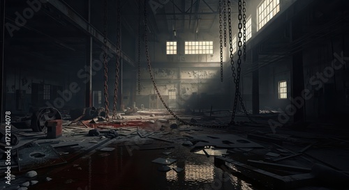 Desolate factory hall adorned with heavy chains and scattered debris creating a eerie atmosphere