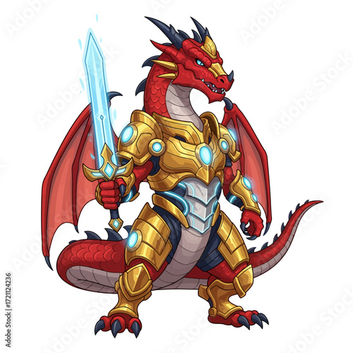 Animated Cartoon Dragon Warrior with Glowing Sword Vector Illustration