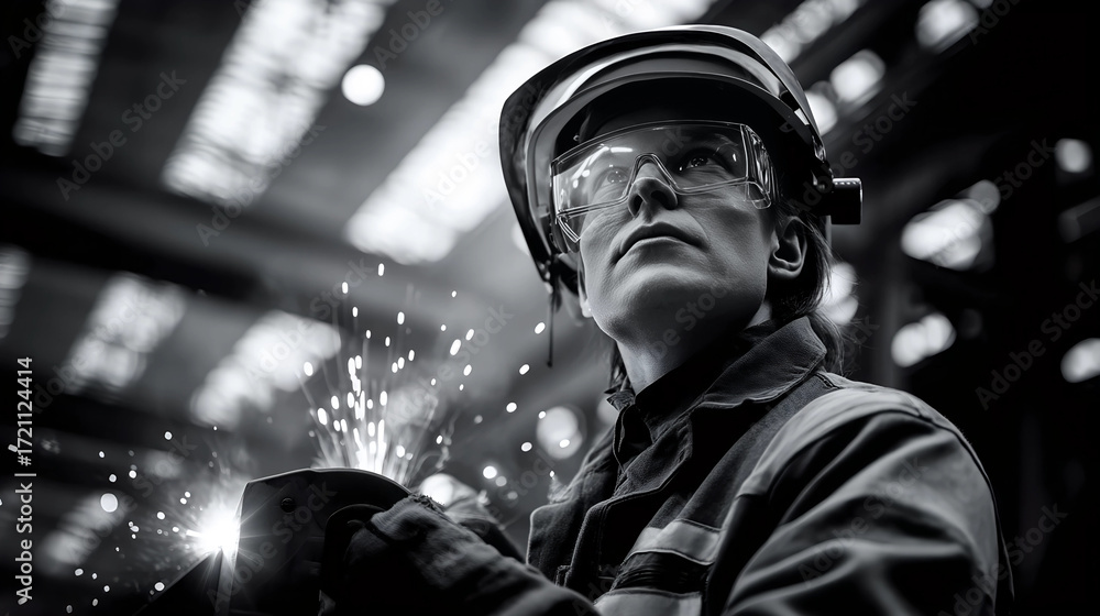 Fototapeta premium Industrial Spark: A focused individual, clad in protective gear, skillfully welds with sparks illuminating the manufacturing workspace, showcasing dedication and precision.