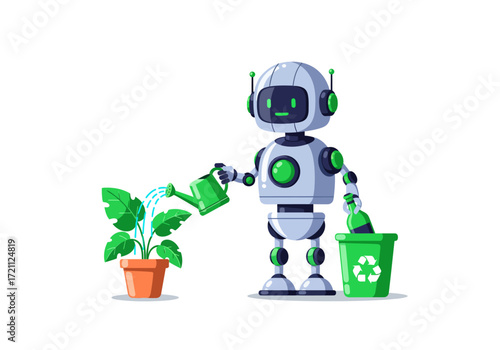 Small Robot Watering Plants and Recycling Vector