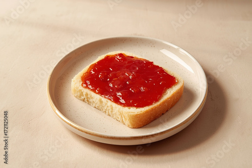 topdown photograph of red strawberry jam spread on bread on a plate