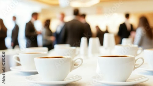 Business professionals engage in discussions near cappuccino cups on a table