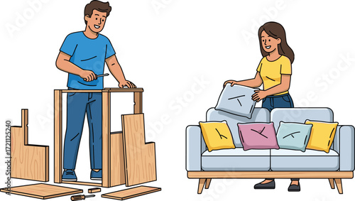 Cartoon Home Icons Featuring Furniture Assembly and Cushion Arrangement, DIY Mood, Colorful Decor, Indoor Scene, and Domestic Lifestyle Theme