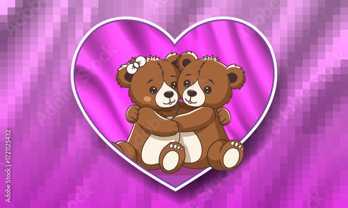 Vector toon pink heart, sticker or badge. Cute cartoon brown cuddly plush teddy bears hugging, boy and girl. Love and bow. Happy Valentines day or wedding