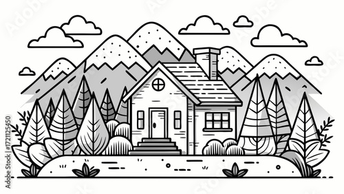House with trees, mountains, and clouds nature scene, minimal black line art, cozy and serene atmosphere, perfect for landscape-inspired logos, postcards, or peaceful illustration designs.